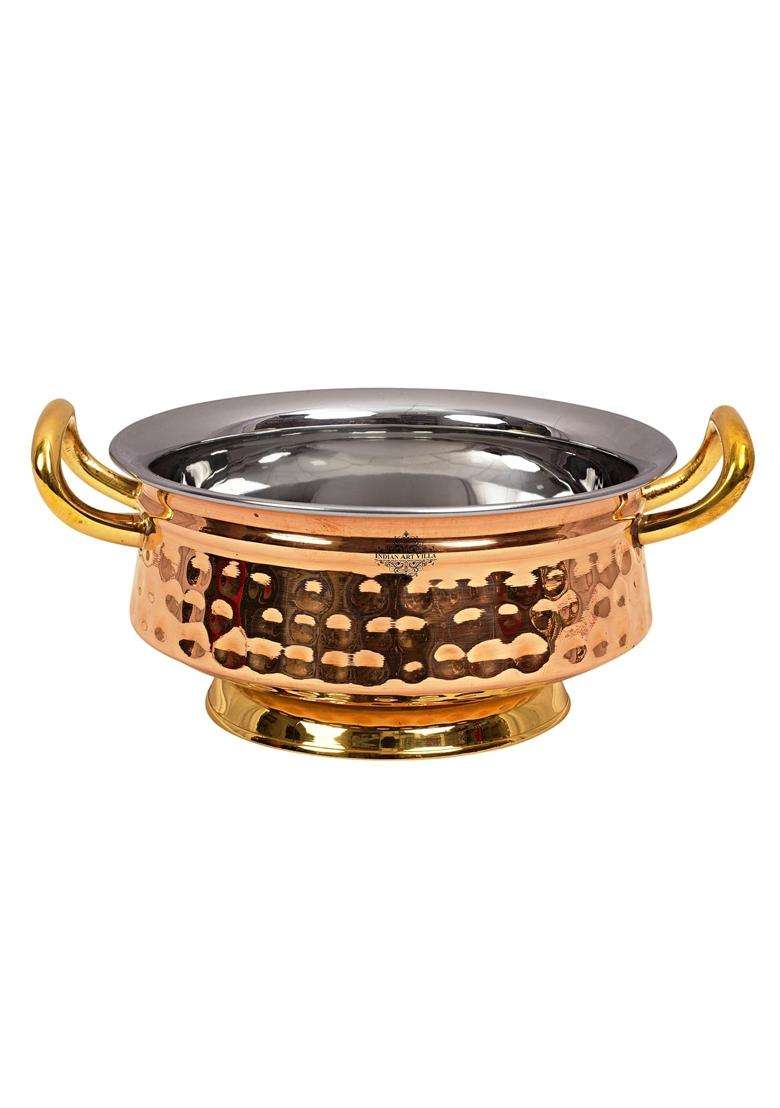 INDIAN ART VILLA Steel Copper Hammered Design Handi Cooking Pot Bowl Casserole with Brass Bottom and Handles - Indya