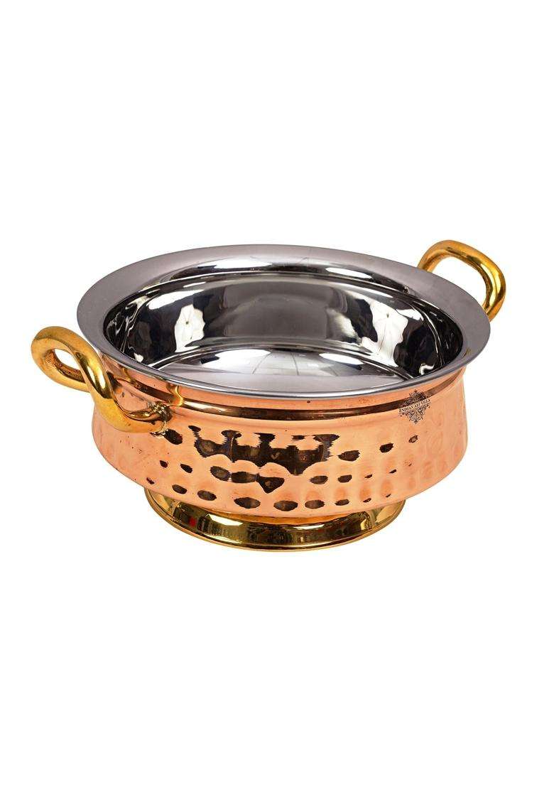 INDIAN ART VILLA Steel Copper Hammered Design Handi Cooking Pot Bowl Casserole with Brass Bottom and Handles - Indya