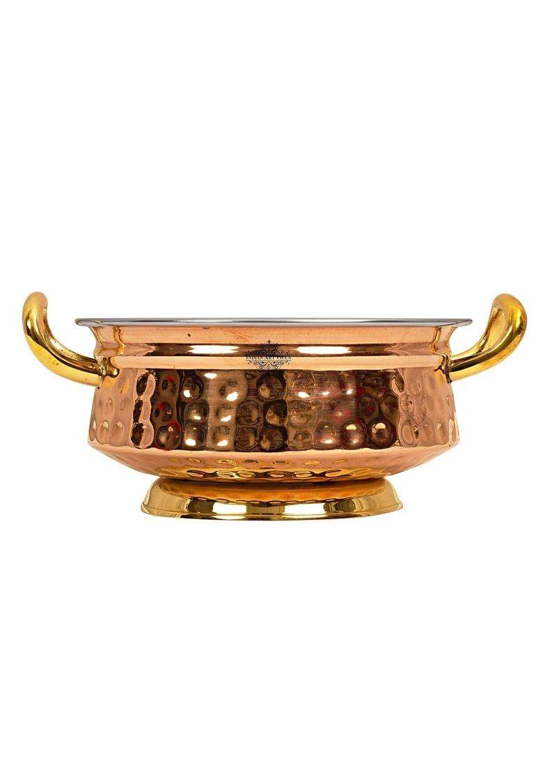 INDIAN ART VILLA Steel Copper Hammered Design Handi Cooking Pot Bowl Casserole with Brass Bottom and Handles - Indya