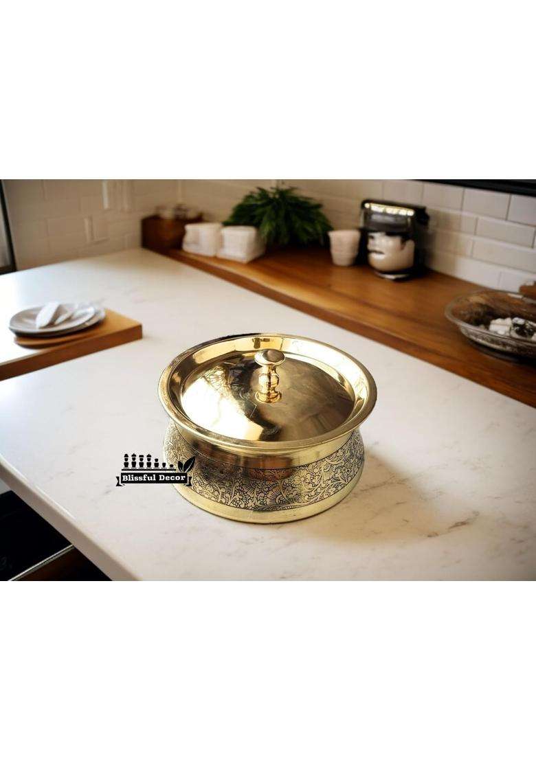 Blissful Decor Brass Kitchen Cooking Serving Pot | 1000 ml | 33.8 fl oz | With Lid - Indya