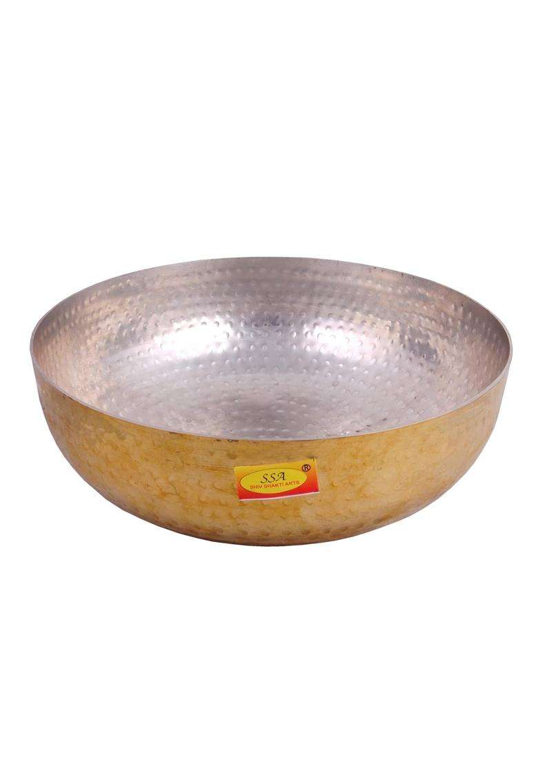 SHIV SHAKTI ARTS Brass Big Size Kachola Handi Set Serving Kadhai Wok Set | 3 L | 3.2 Qt | Hammered Finish - Indya