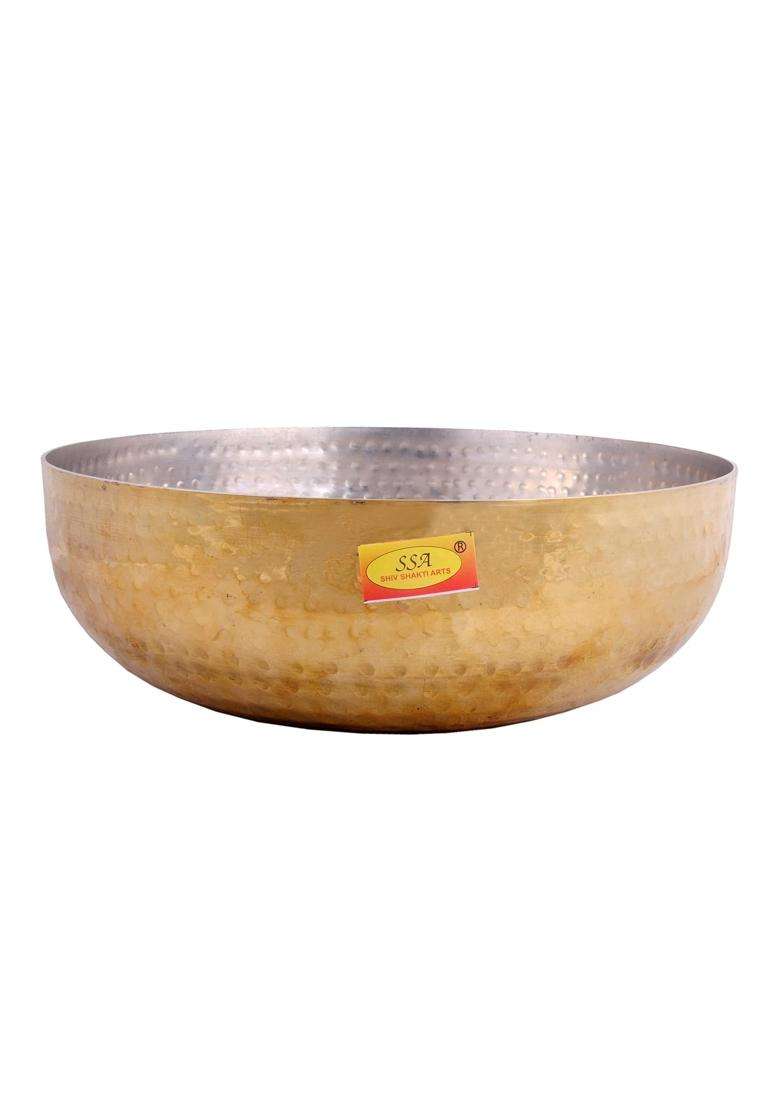 SHIV SHAKTI ARTS Brass Big Size Kachola Handi Set Serving Kadhai Wok Set | 3 L | 3.2 Qt | Hammered Finish - Indya