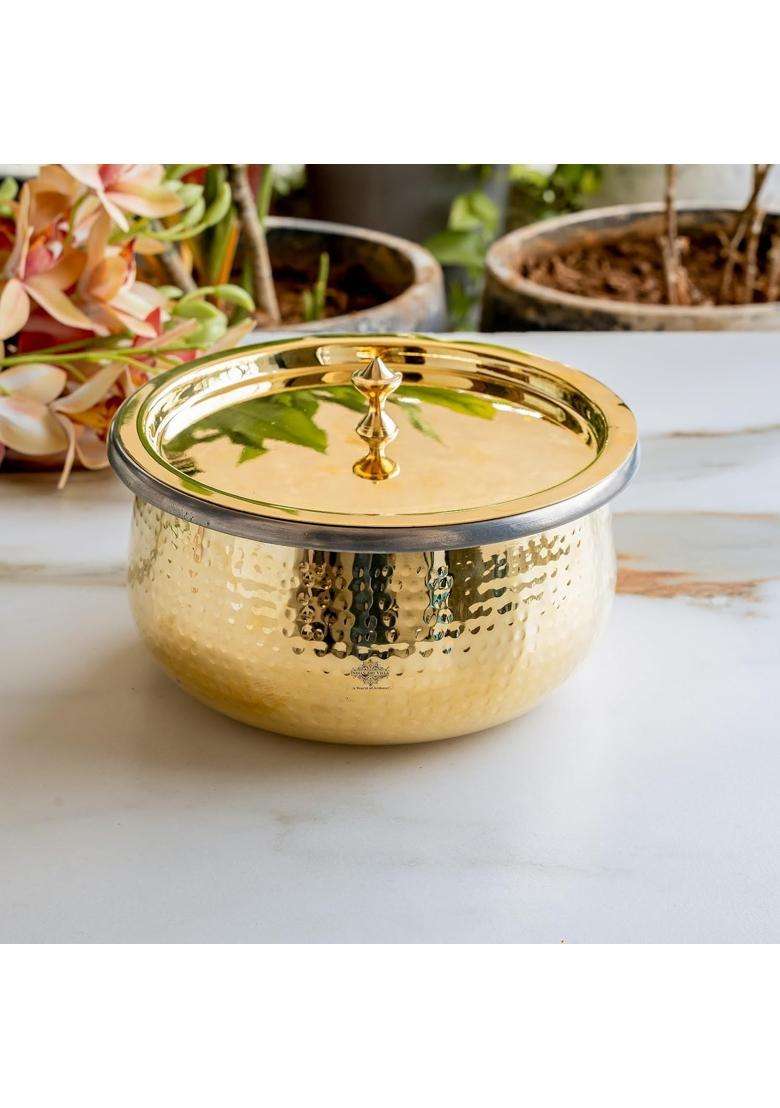 INDIAN ART VILLA Brass Hammered Handi with Lid | 2 L | 2.1 Qt | Tin Lined Kalai - Indya