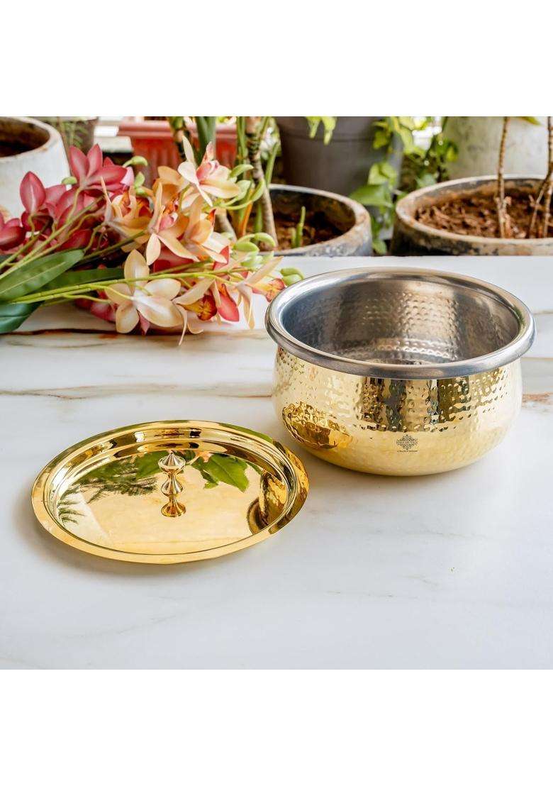 INDIAN ART VILLA Brass Hammered Handi with Lid | 2 L | 2.1 Qt | Tin Lined Kalai - Indya