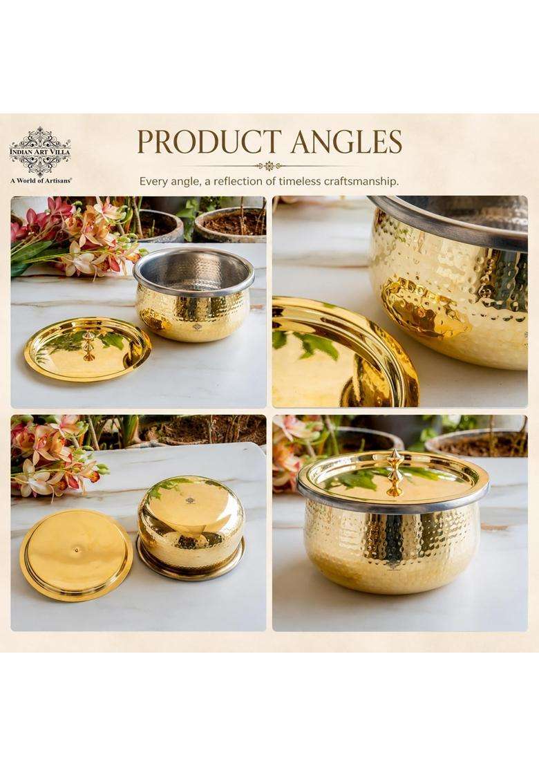 INDIAN ART VILLA Brass Hammered Handi with Lid | 2 L | 2.1 Qt | Tin Lined Kalai - Indya