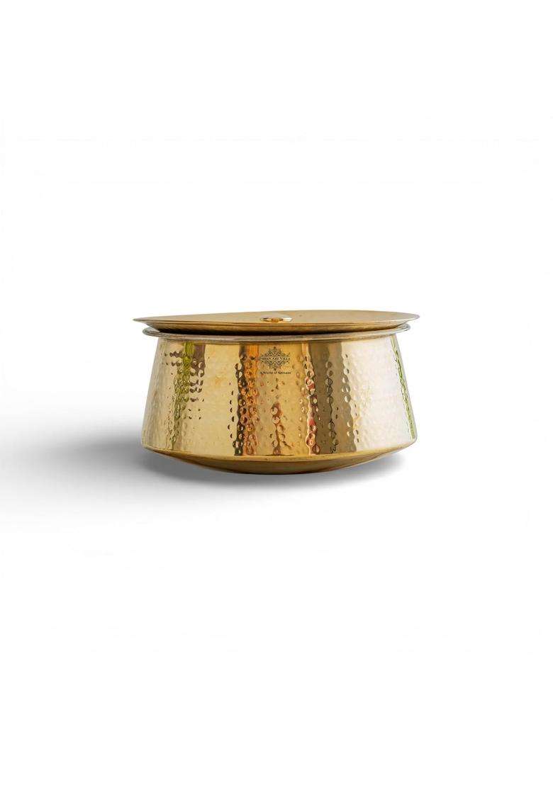INDIAN ART VILLA Brass Hammered Patila Cooking Pot with Lid | 1600 ml | 54.1 fl oz | 7 Inch | Tin Lined Kalai - Indya