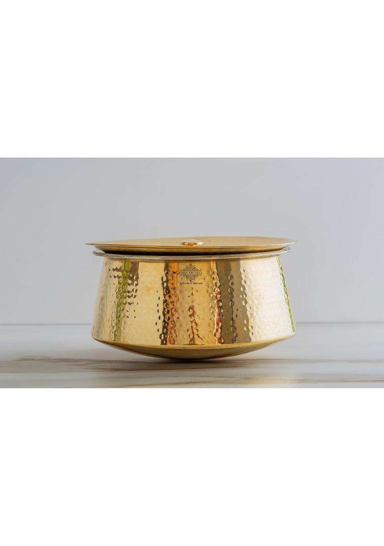 INDIAN ART VILLA Brass Hammered Patila Cooking Pot with Lid | 1600 ml | 54.1 fl oz | 7 Inch | Tin Lined Kalai - Indya