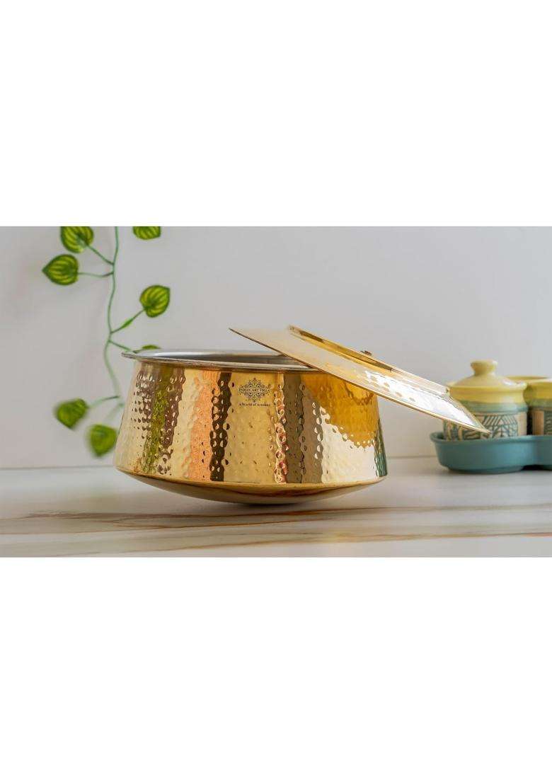 INDIAN ART VILLA Brass Hammered Patila Cooking Pot with Lid | 1600 ml | 54.1 fl oz | 7 Inch | Tin Lined Kalai - Indya