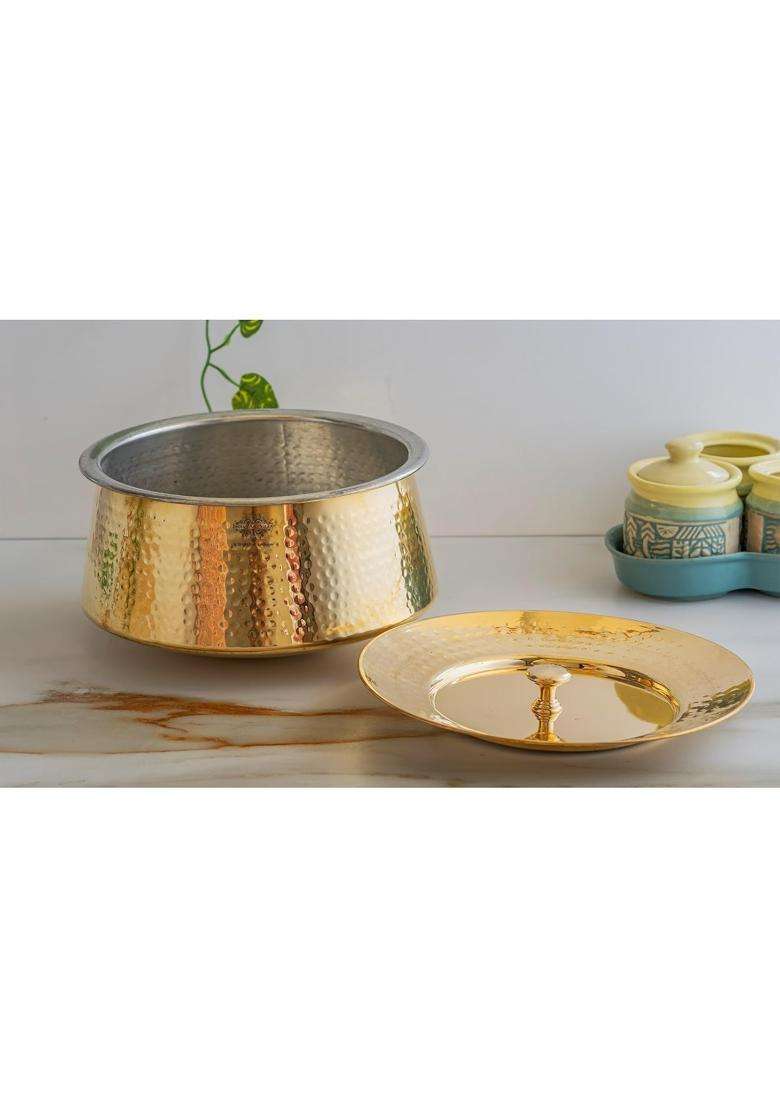 INDIAN ART VILLA Brass Hammered Patila Cooking Pot with Lid | 1600 ml | 54.1 fl oz | 7 Inch | Tin Lined Kalai - Indya