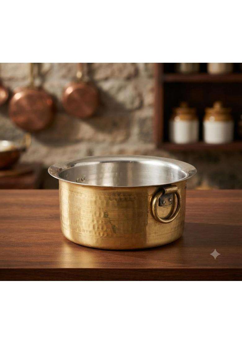 SHAAN mfg. Brass Patila Cooking Pot for Cooking Round Heavy Bottom Hammered Polished | 5 L | 5.3 Qt - Indya
