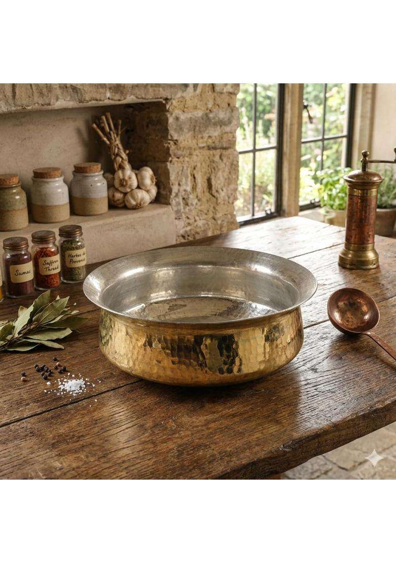 SHAAN mfg. New Pure Hammered Polished Brass Lagan Handi Patila Cooking Pot | 5 L | 5.3 Qt - Indya