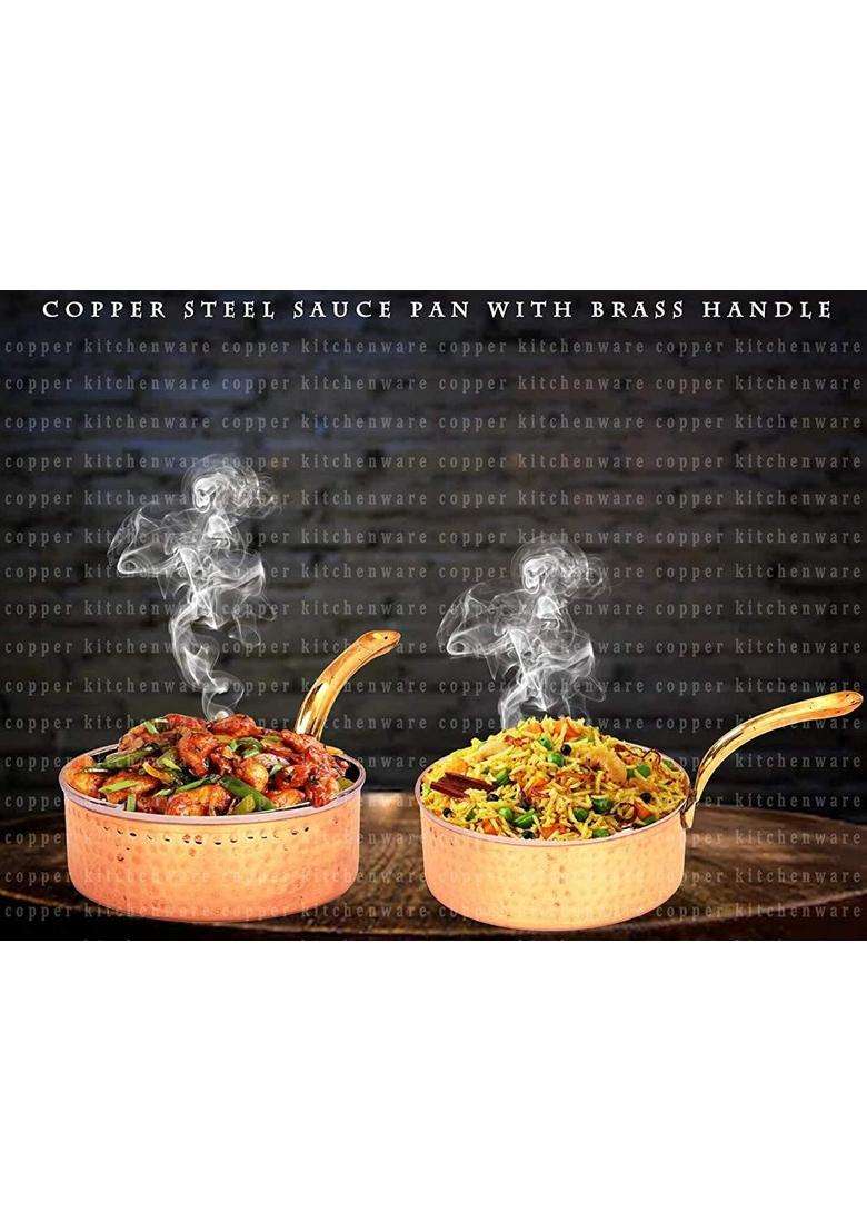 SHIV HOME WORLD Steel Copper Sauce Pan Milk Pan Tea Pan Tapeli Cooking Pot Patila Bhagona with Brass Handle | 300 ml | 10.1 fl oz - Indya