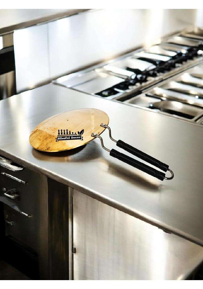 Blissful Decor Pure Brass Roti Tawa Flat Griddle Traditional Cooking Pan Pital Tawa Teflon Free | 23 cm | 9.1 Inch | Non-Toxic - Indya