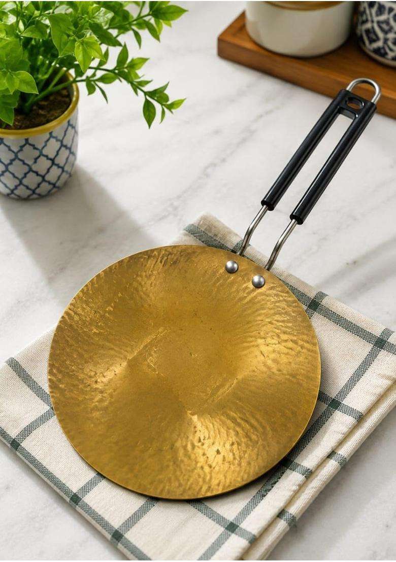 SHAAN mfg. New Brass Roti Tawa Flat Griddle Teflon Free Non-Toxic Tawa for Roti with PVC Handle | 26 cm | 10.2 Inch - Indya