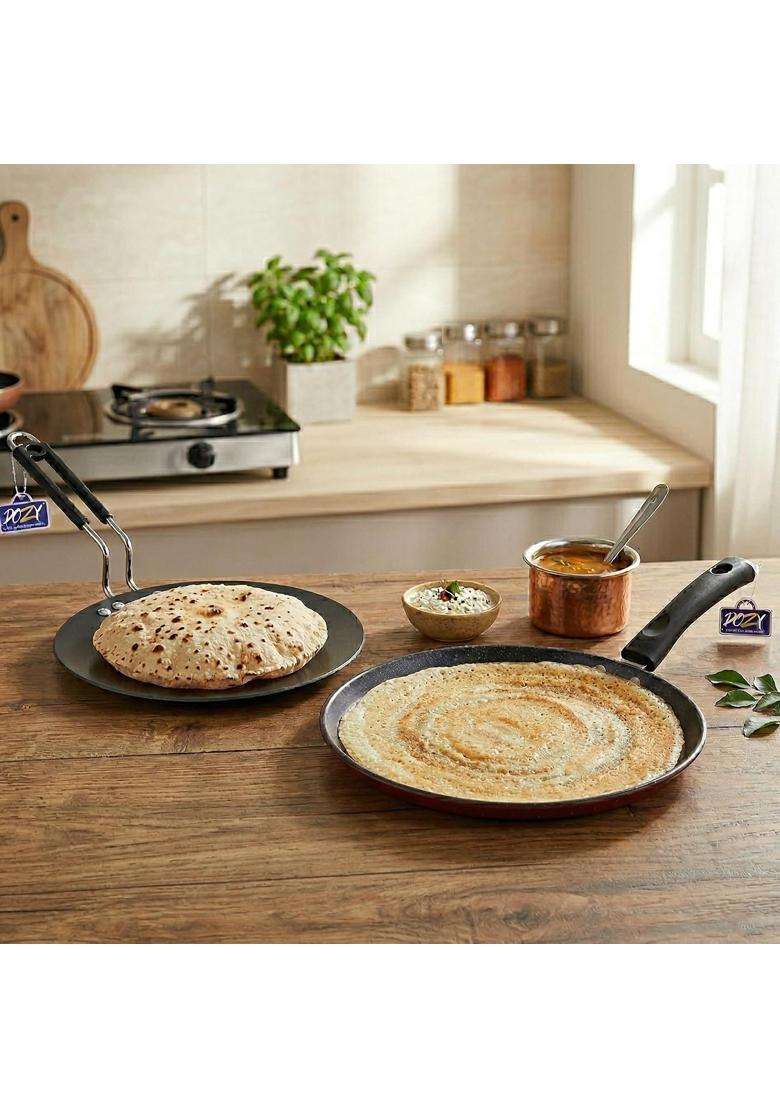 DOZY Non-Stick Dosa Tawa Dosa Pan and Round Bottom Roti Tawa Cookware Combo Set Induction - Indya