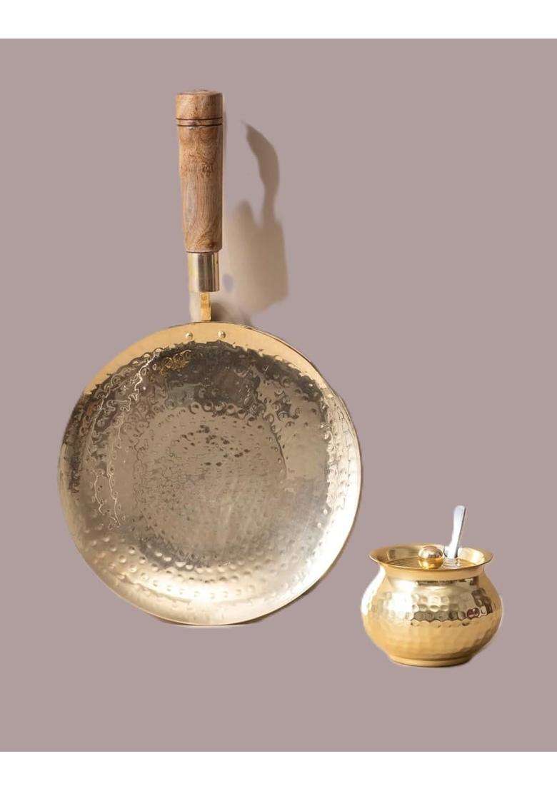 SHAAN mfg. Shaan Mfg Brass Ghee Pot and Pure Brass Tawa Flat Griddle Set for Healthier Cooking | 300 ml | 10.1 fl oz | With Lid - Indya