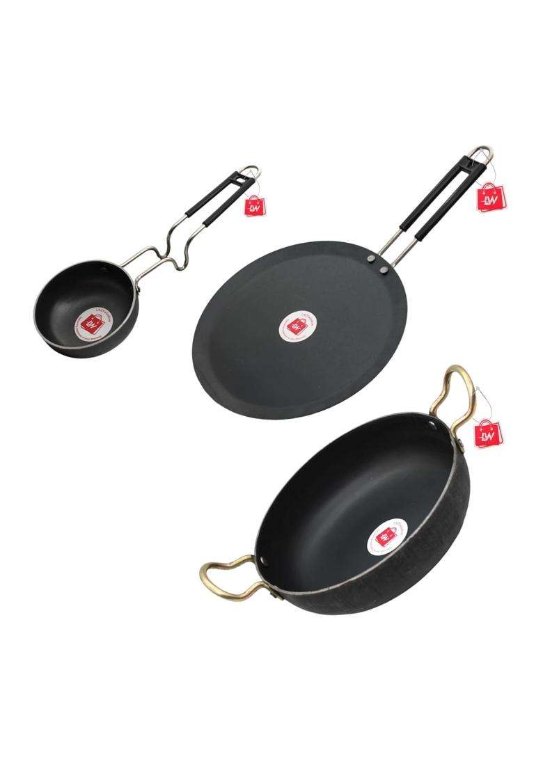 LAZYwindow Iron Tawa Tadka Pan and Deep Kadhai Wok Combo | Induction Compatible - Indya