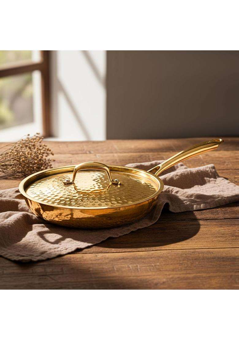 Artarium Premium Brass Non Stick Frying Pan Pital Hammered Peetal Serving Pan with Heat | 1.2 L | 1.3 Qt - Indya