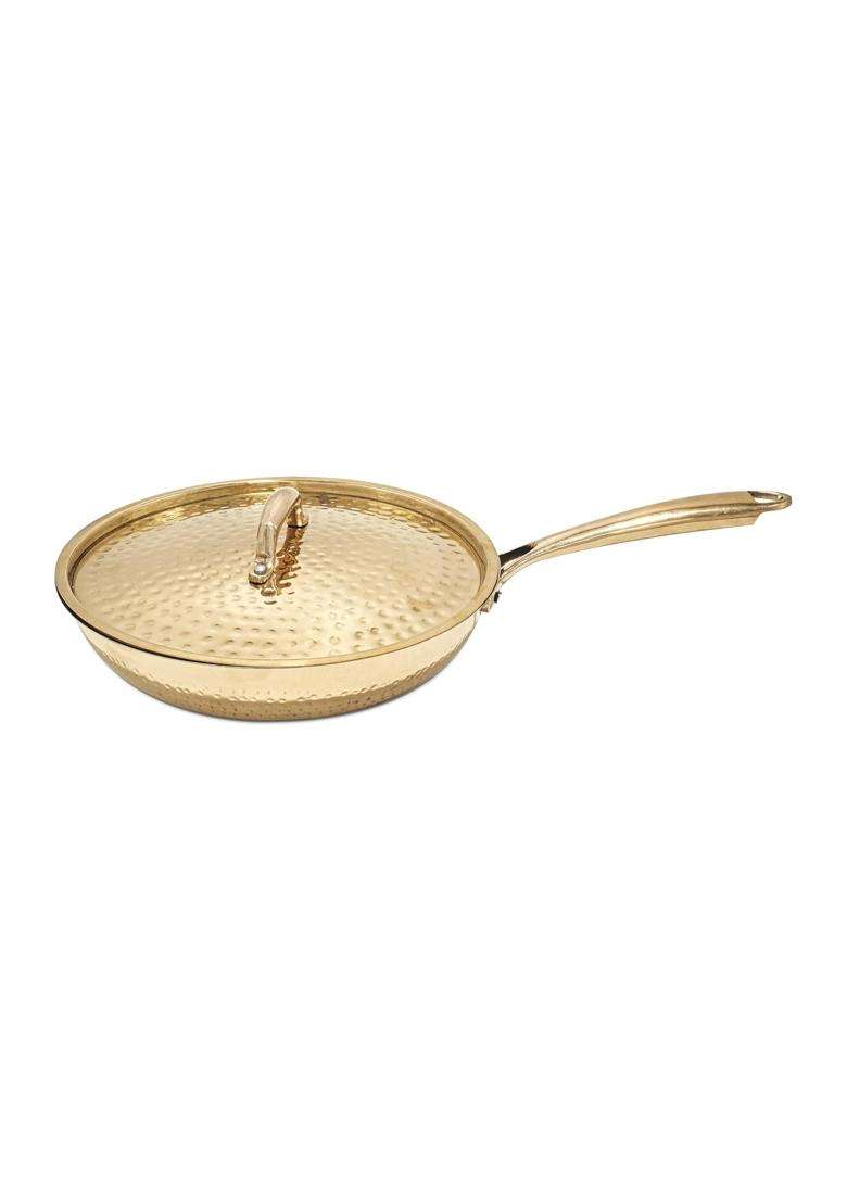 Artarium Premium Brass Non Stick Frying Pan Pital Hammered Peetal Serving Pan with Heat | 1.2 L | 1.3 Qt - Indya