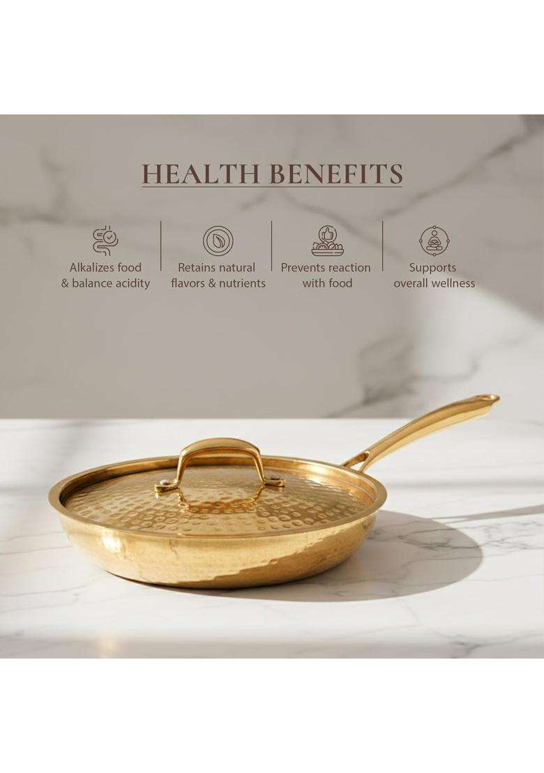 Artarium Premium Brass Non Stick Frying Pan Pital Hammered Peetal Serving Pan with Heat | 1.2 L | 1.3 Qt - Indya