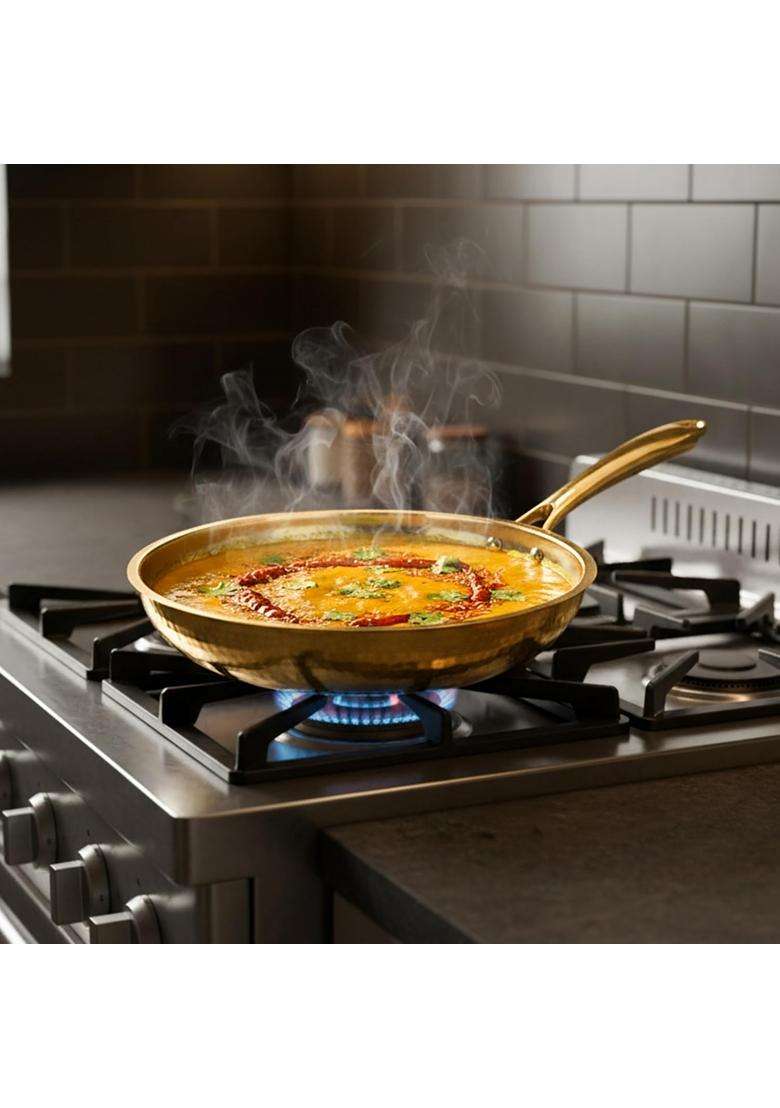 Artarium Premium Brass Non Stick Frying Pan Pital Hammered Peetal Serving Pan with Heat | 1.6 L | 1.7 Qt - Indya