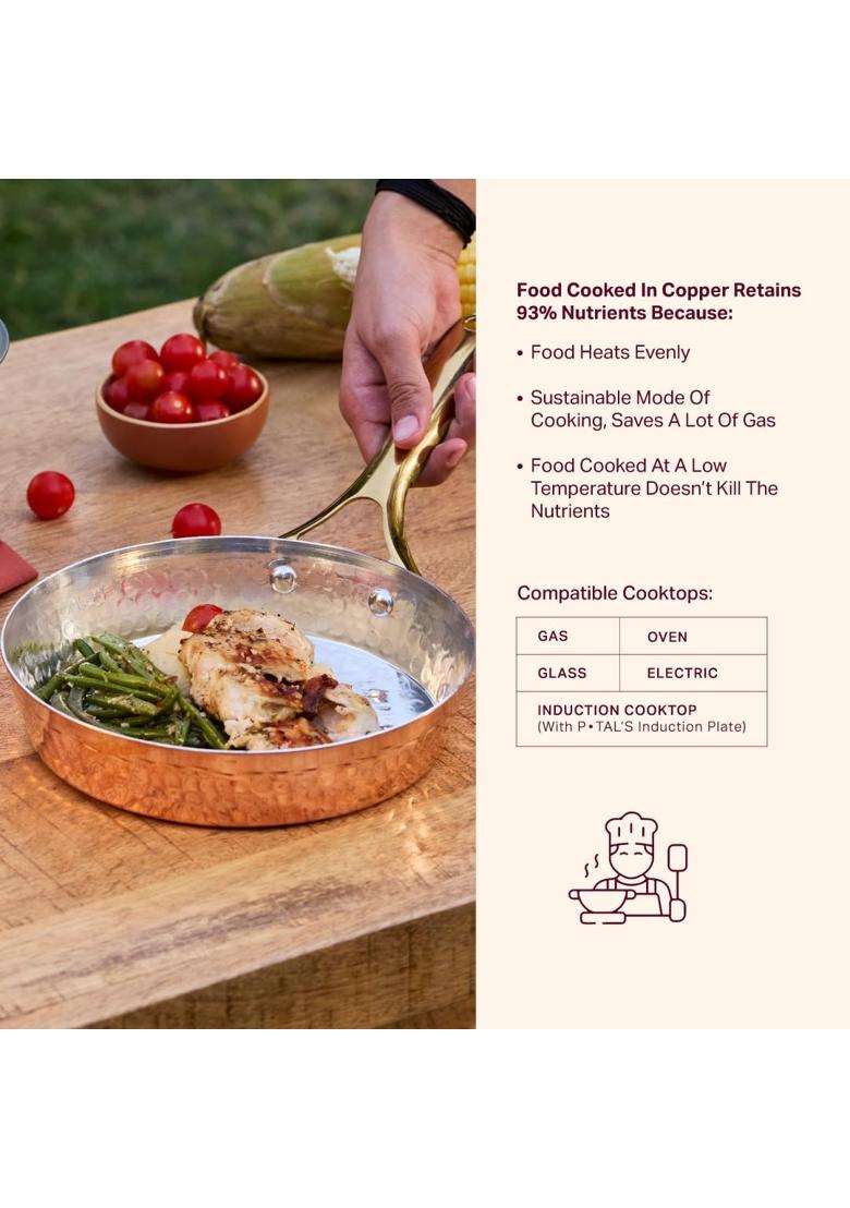 P-TAL Copper Frying Pan with Heat-Resistant Handle | 8.25 Inch | Tin Lined Kalai | Non-Stick - Indya