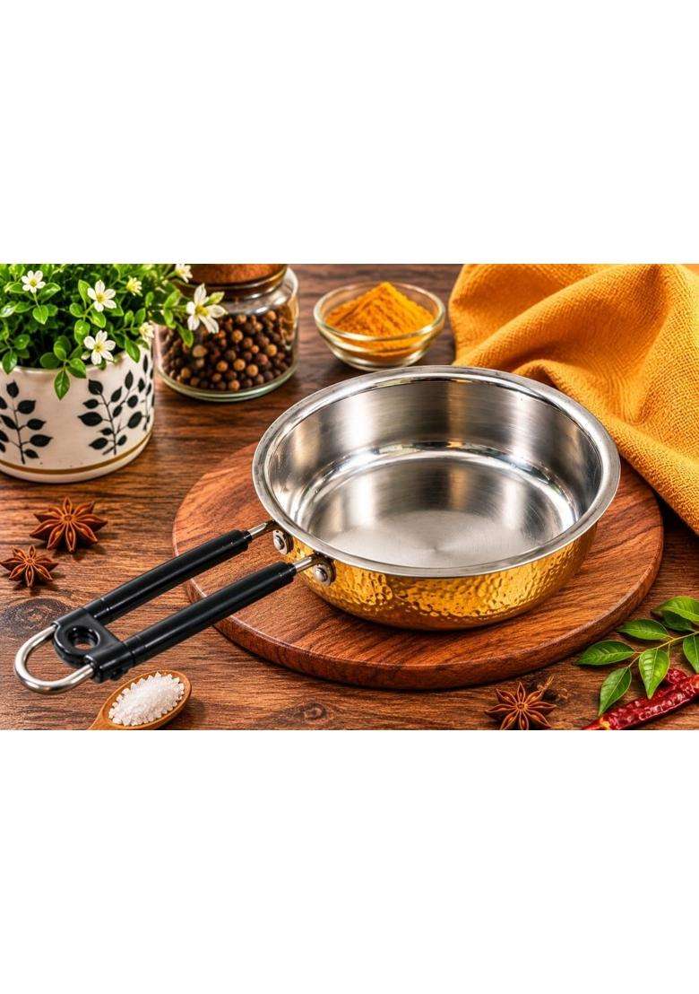 SHAAN mfg. Traditional Brass Frying Pan with Handle | 1000 ml | 33.8 fl oz | 15.5 Inch - Indya