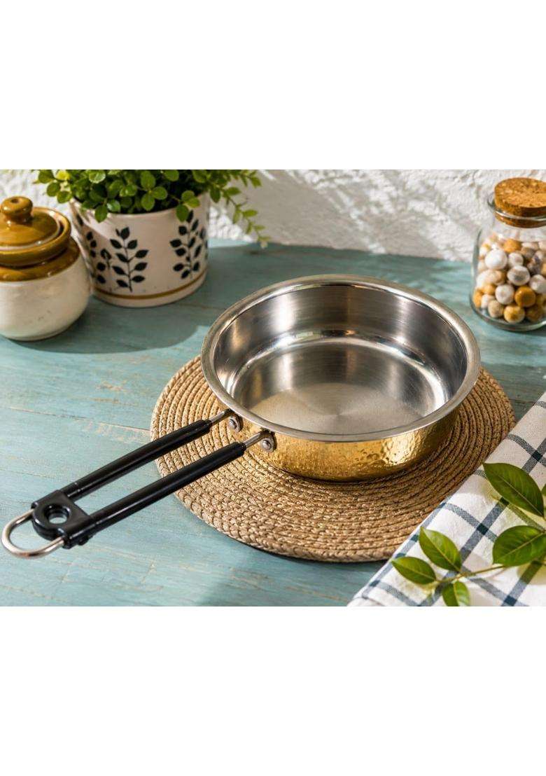 SHAAN mfg. Traditional Brass Frying Pan with Handle | 1000 ml | 33.8 fl oz | 15.5 Inch - Indya