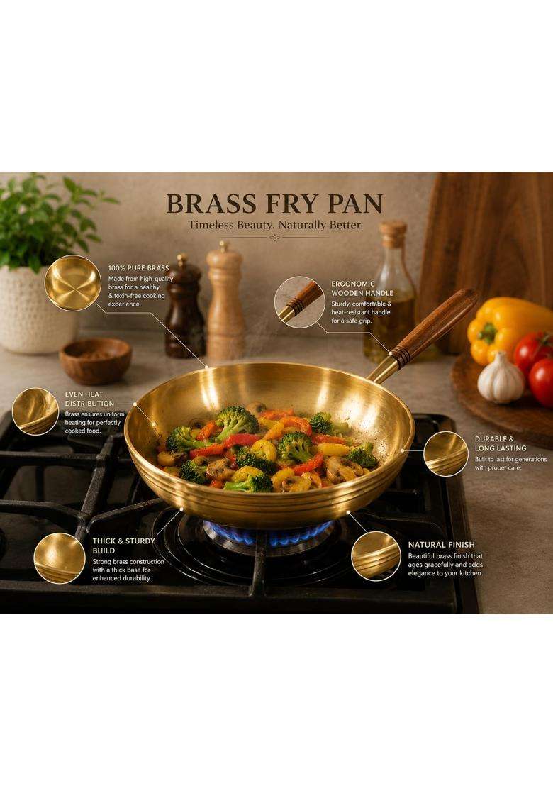 SHAAN mfg. Traditional Brass Frying Pan with Wooden Handle | 1000 ml | 33.8 fl oz | 15.5 Inch - Indya