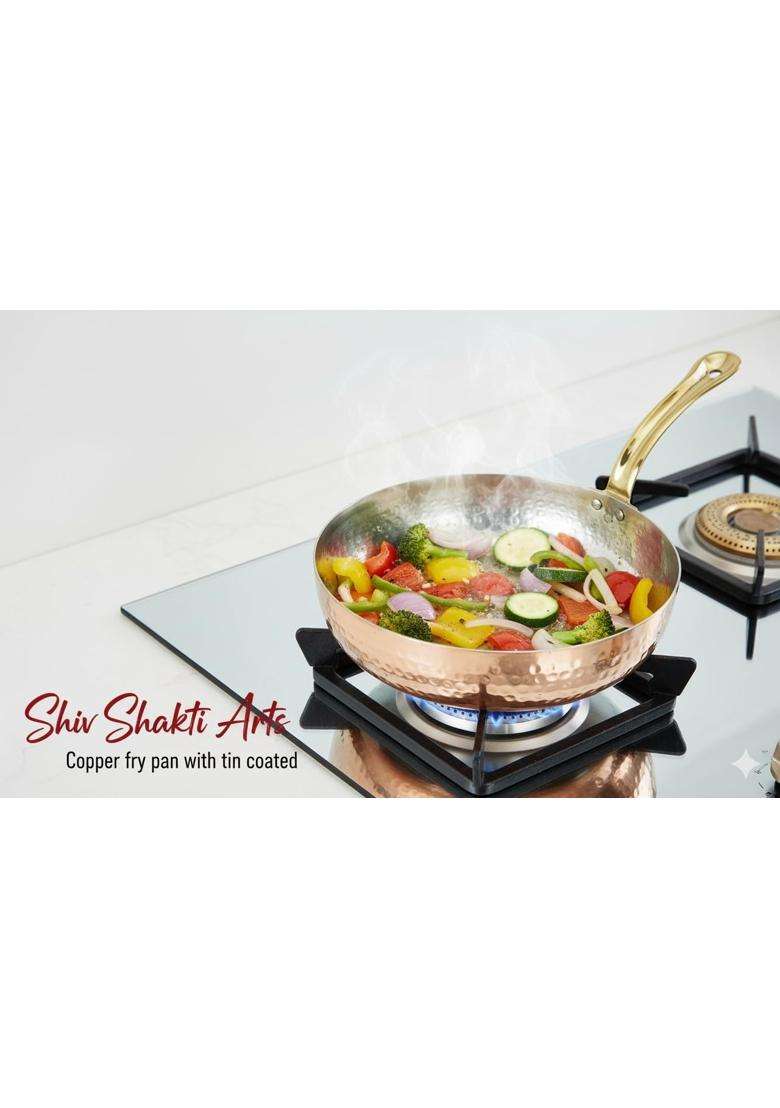 SHIV SHAKTI ARTS Pure Copper Frying Pan with Brass Handle and Tin-Coated Kalai Traditional | 350 ml | 11.8 fl oz - Indya