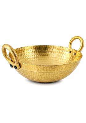 Yadav Craft Brass Pital Kadhai Wok Frying Pan with Handles | 3 L | 3.2 Qt | Hammered Finish