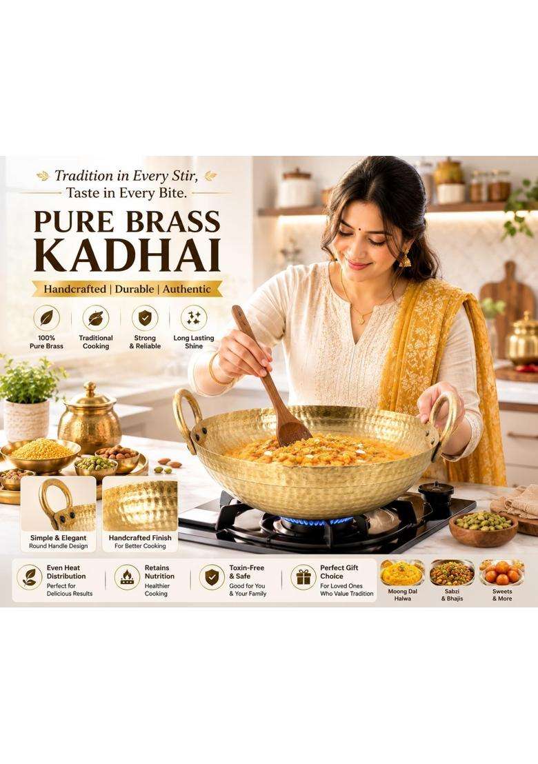 Yadav Craft Brass Pital Kadhai Wok Frying Pan with Handles | 3 L | 3.2 Qt | Hammered Finish - Indya