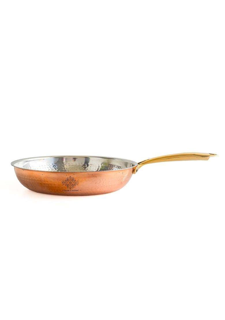 INDIAN ART VILLA Steel Copper Fry Pan with Hammered Design and Brass Handle | 2000 ml | 67.6 fl oz | 10 Inch | Handcrafted - Indya