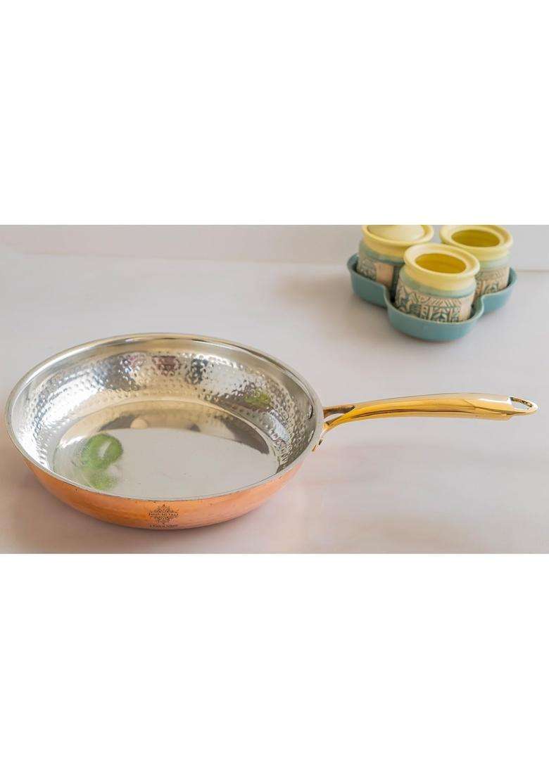 INDIAN ART VILLA Steel Copper Fry Pan with Hammered Design and Brass Handle | 2000 ml | 67.6 fl oz | 10 Inch | Handcrafted - Indya