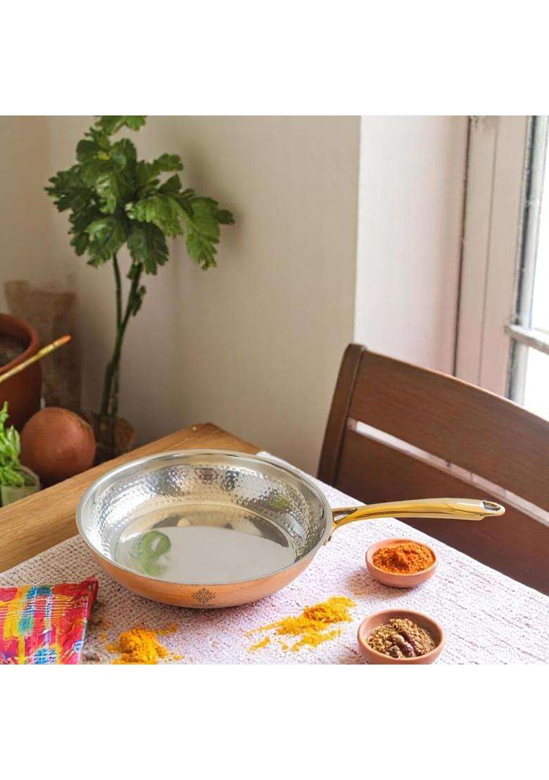 INDIAN ART VILLA Steel Copper Fry Pan with Hammered Design and Brass Handle | 2000 ml | 67.6 fl oz | 10 Inch | Handcrafted - Indya