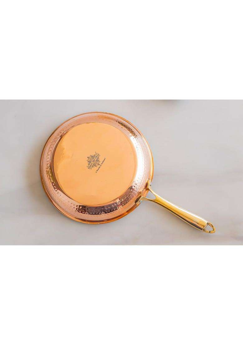 INDIAN ART VILLA Steel Copper Fry Pan with Hammered Design and Brass Handle | 2000 ml | 67.6 fl oz | 10 Inch | Handcrafted - Indya
