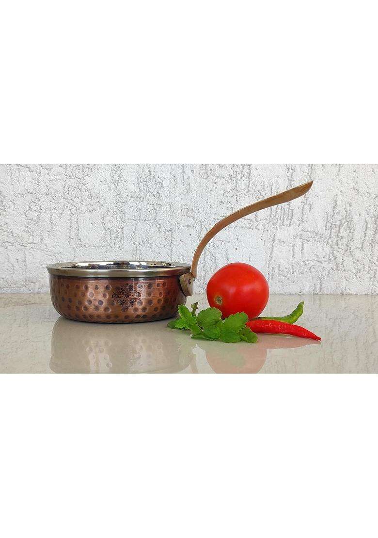 INDIAN ART VILLA Steel Copper Hammered Antique Dark Tone Design Fry Pan with Brass Handle | 300 ml | 10.1 fl oz - Indya
