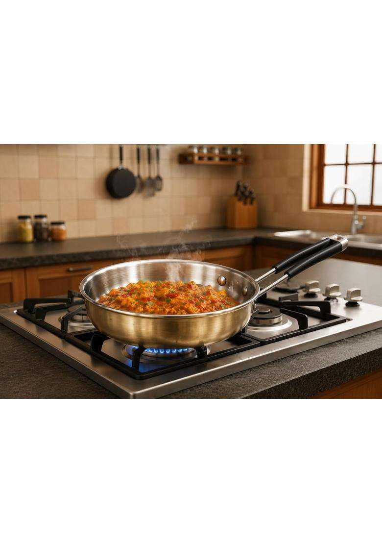 SHIV HOME WORLD Stainless Steel Fry Pan with Brass Finish Exterior | 1.2 L | 1.3 Qt | Tri-Ply - Indya