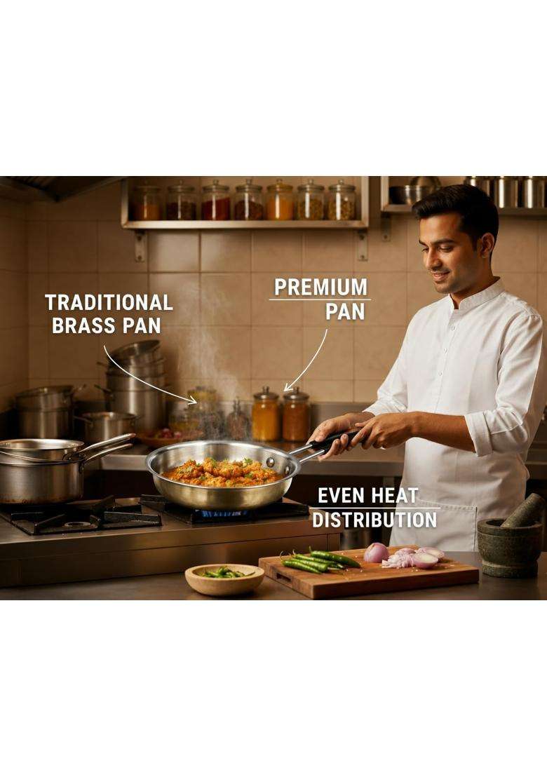 SHIV HOME WORLD Stainless Steel Fry Pan with Brass Finish Exterior | 1.2 L | 1.3 Qt | Tri-Ply - Indya