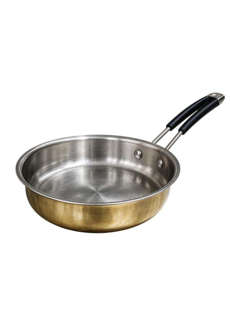SHIV HOME WORLD Stainless Steel Fry Pan with Brass Finish Exterior | 1.7 L | 1.8 Qt | Tri-Ply - Indya