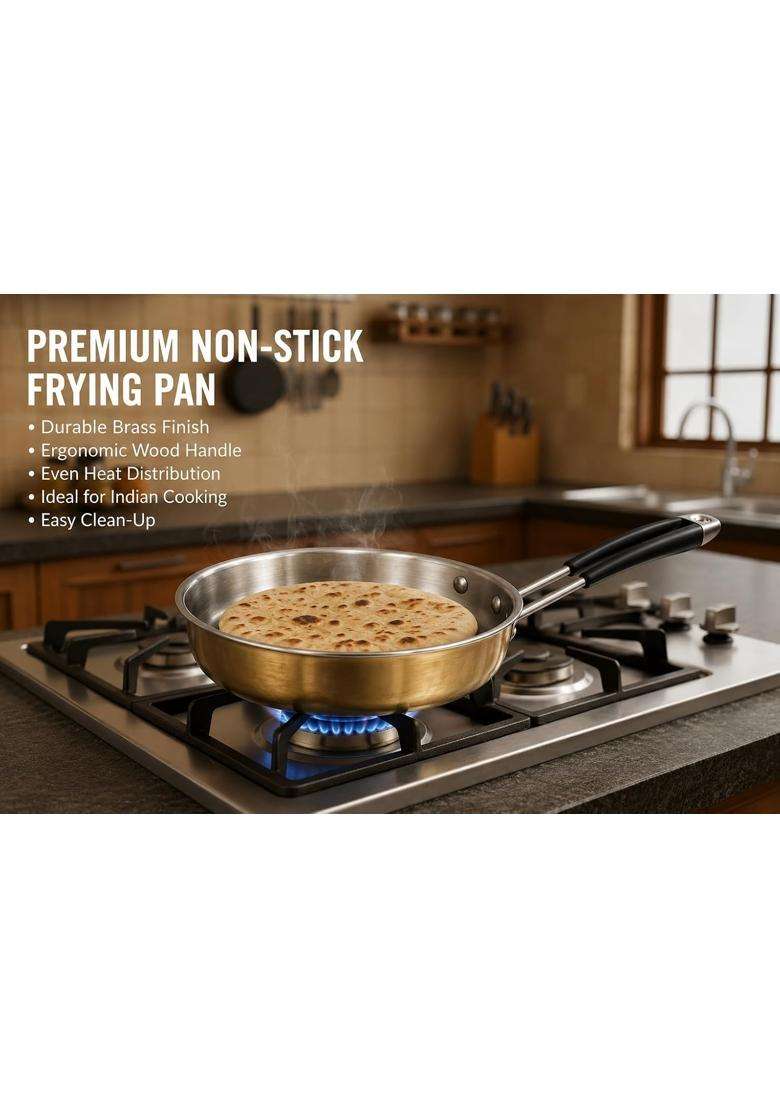 SHIV HOME WORLD Stainless Steel Fry Pan with Brass Finish Exterior | 1.7 L | 1.8 Qt | Tri-Ply - Indya