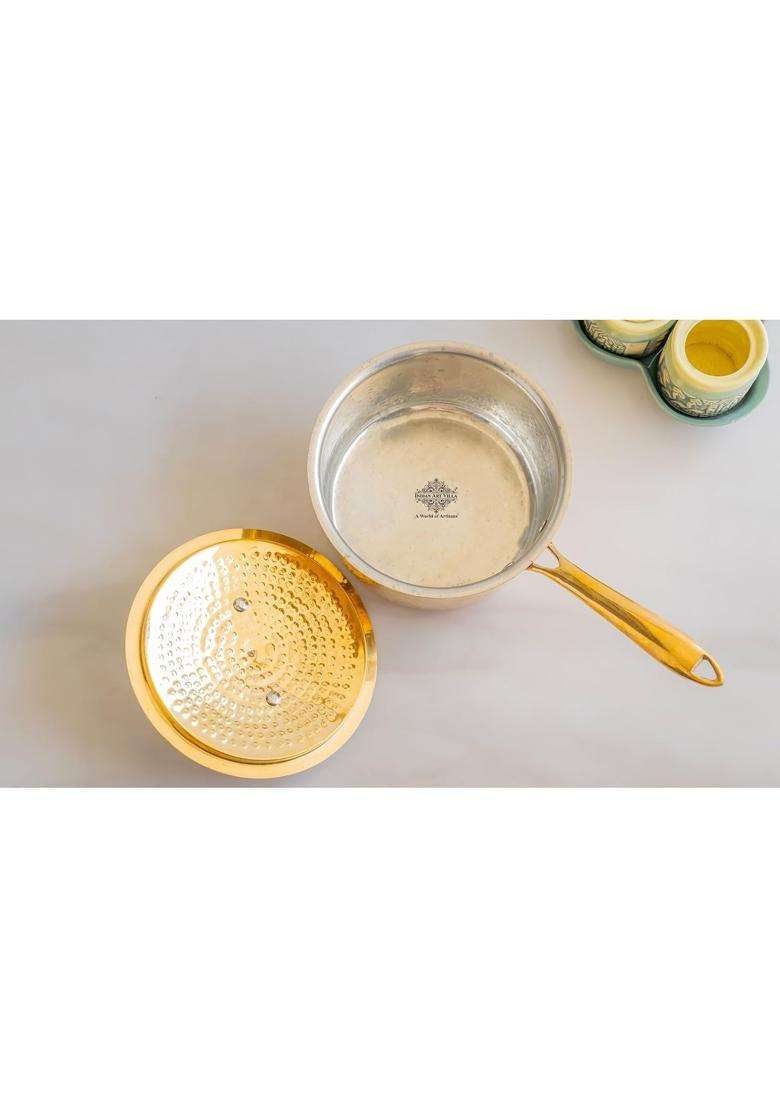 INDIAN ART VILLA Brass Hammered Long Handle Saucepan with Tin Lining and Lid | 2000 ml | 67.6 fl oz - Indya