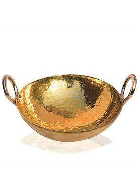 Pure Source India Brass Hammered Kadhai Wok Frying Pan with Handle Cookware | 2 L | 2.1 Qt | 12 Inch
