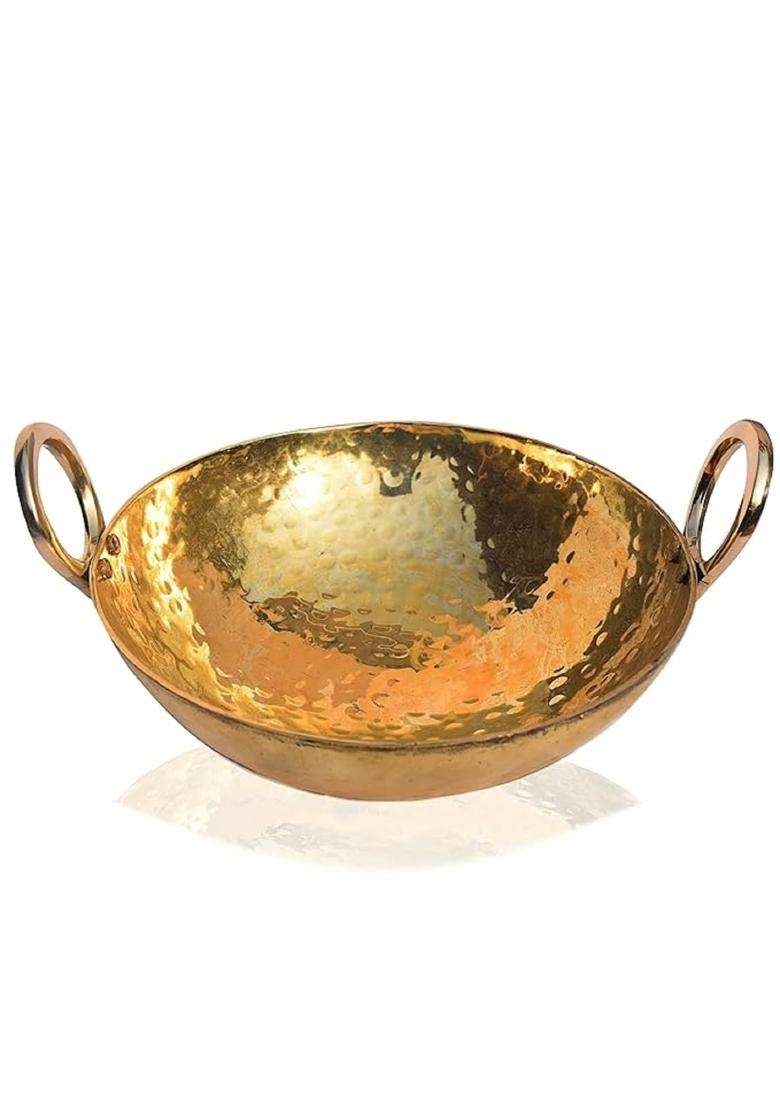 Pure Source India Brass Hammered Kadhai Wok Frying Pan with Handle Cookware | 2 L | 2.1 Qt | 12 Inch - Indya