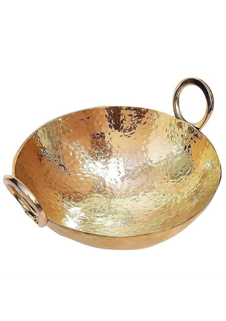 Pure Source India Brass Hammered Kadhai Wok Frying Pan with Handle Cookware | 2 L | 2.1 Qt | 12 Inch - Indya