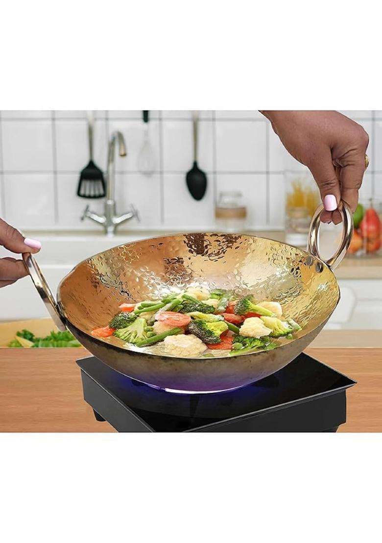 Pure Source India Brass Hammered Kadhai Wok Frying Pan with Handle Cookware | 2 L | 2.1 Qt | 12 Inch - Indya