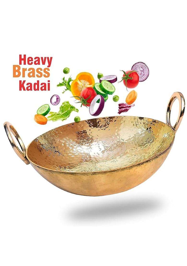 Pure Source India Brass Hammered Kadhai Wok Frying Pan with Handle Cookware | 2 L | 2.1 Qt | 12 Inch - Indya