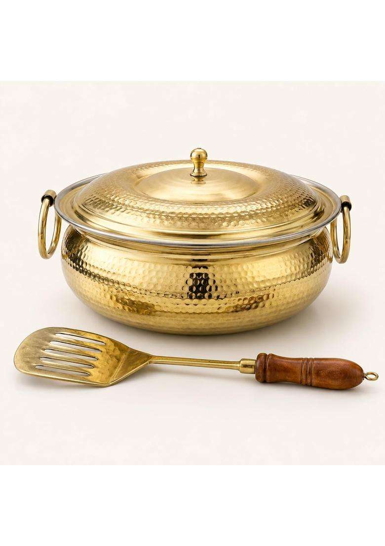 SHIV SHAKTI ARTS Brass Mughlai Lagan Handi with Lid | 3.5 L | 3.7 Qt | Hammered Finish - Indya