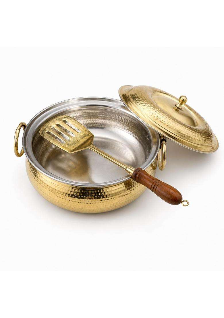 SHIV SHAKTI ARTS Brass Mughlai Lagan Handi with Lid | 3.5 L | 3.7 Qt | Hammered Finish - Indya