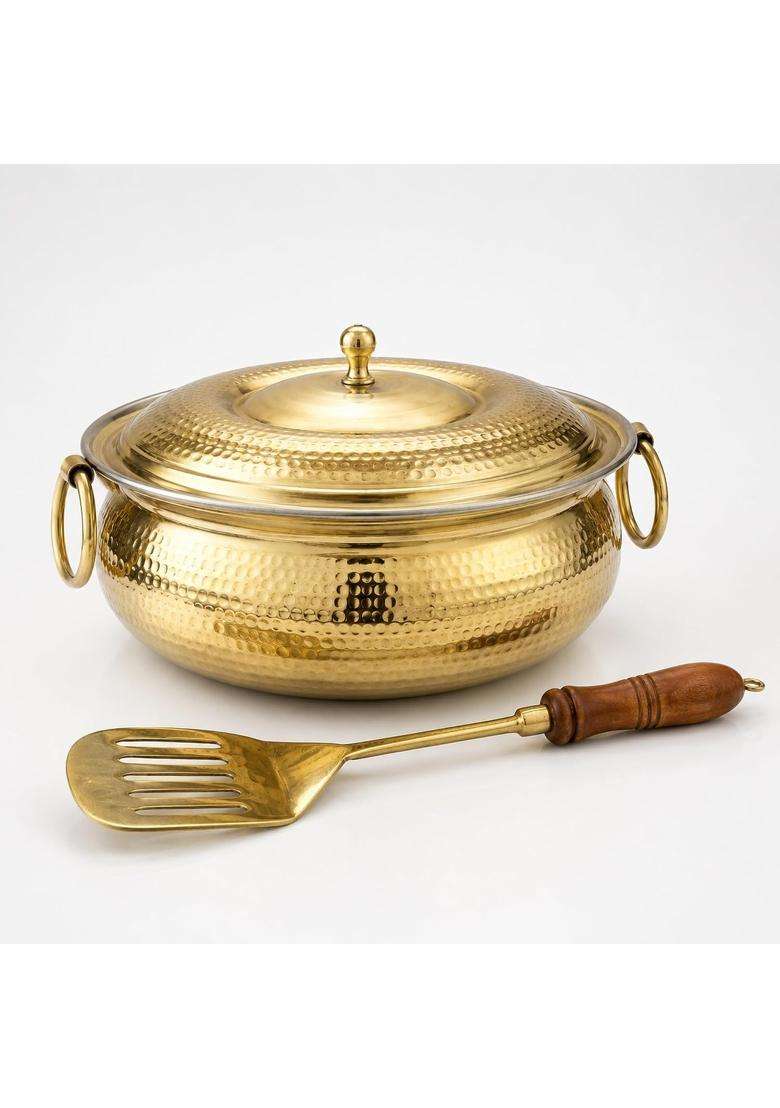 SHIV SHAKTI ARTS Brass Mughlai Lagan Handi with Lid | 3.5 L | 3.7 Qt | Hammered Finish - Indya
